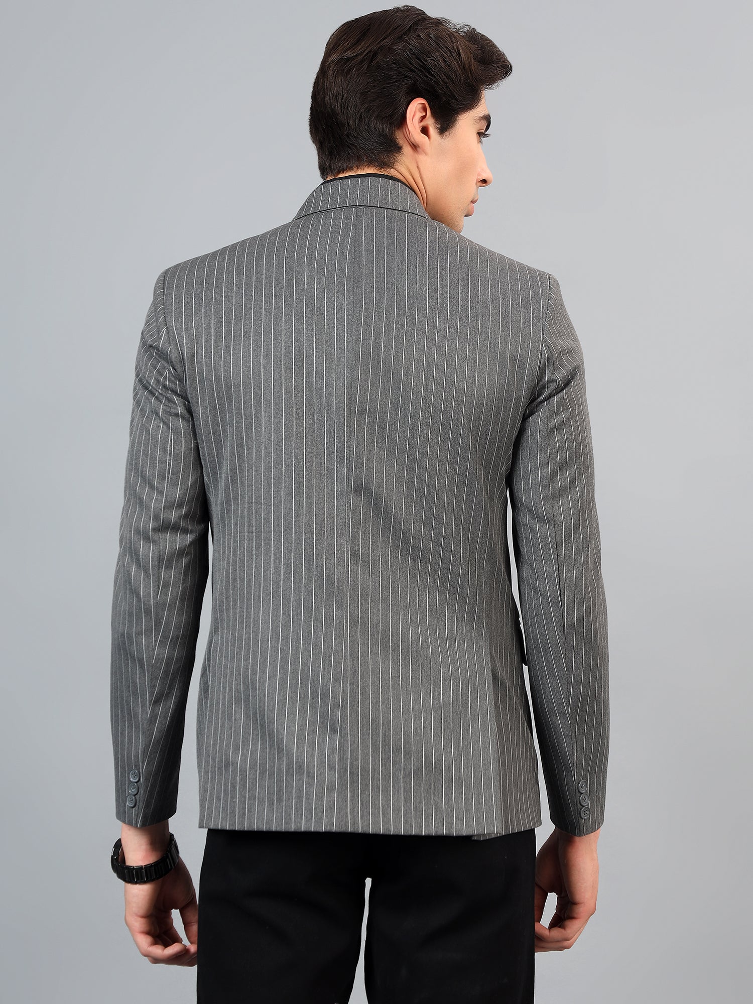 Men's Grey Slim Fit Solid Double Breasted Striped Formal Blazer