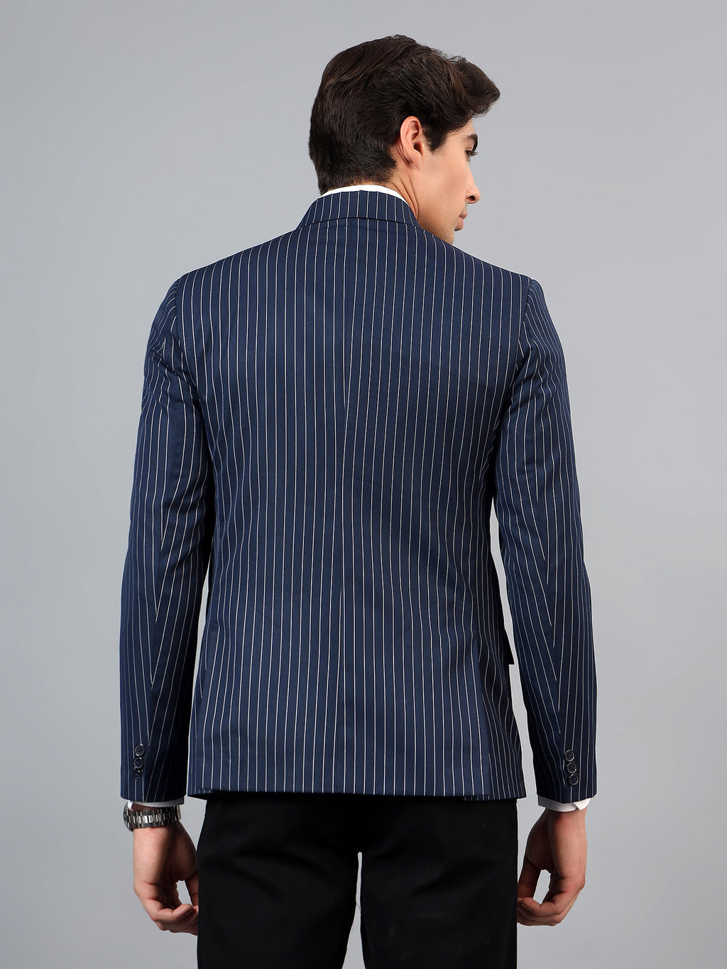 Men's Navy Blue Slim Fit Solid Double Breasted Striped Formal Blazer