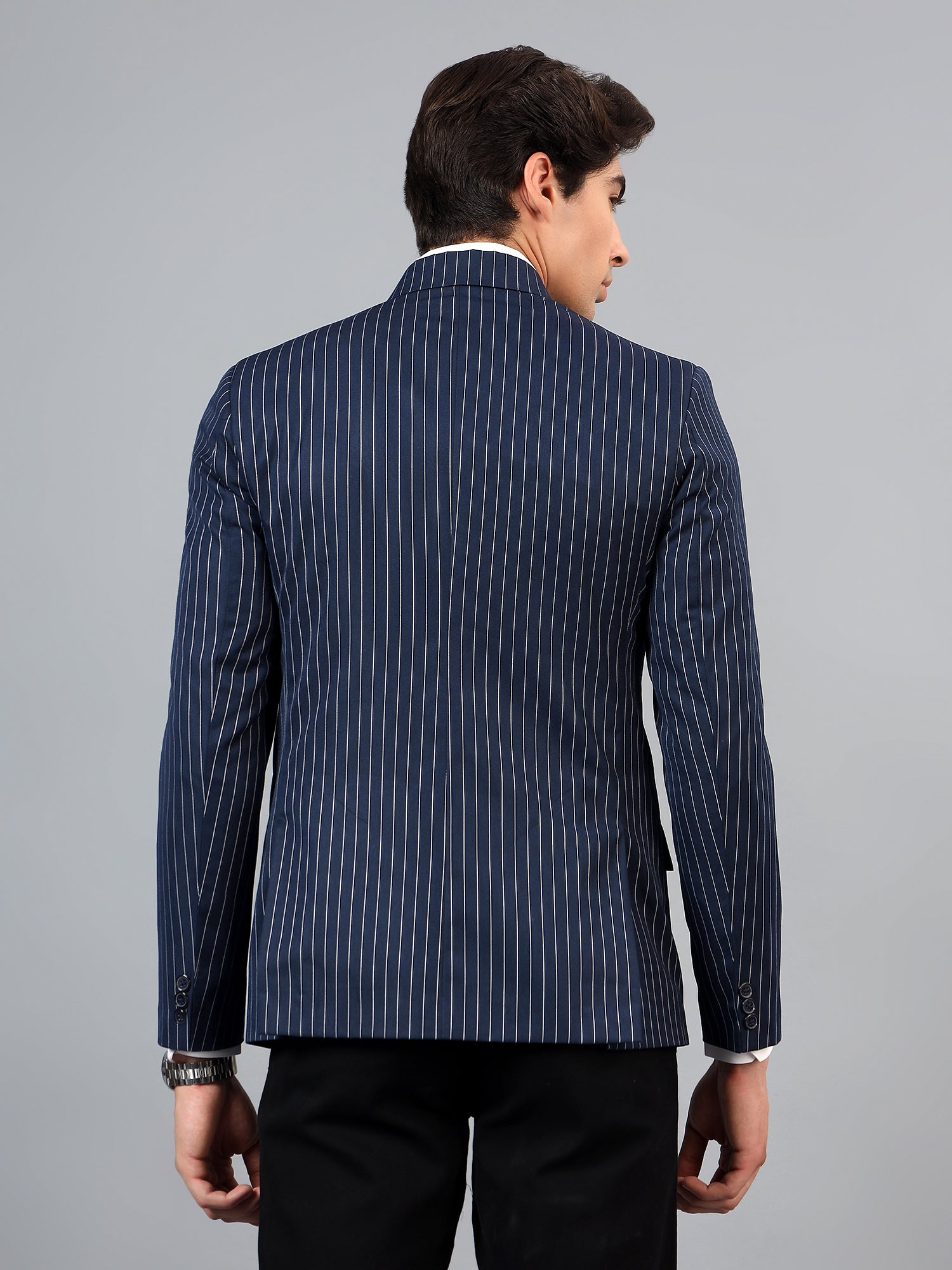 Men's Navy Blue Slim Fit Solid Double Breasted Striped Formal Blazer