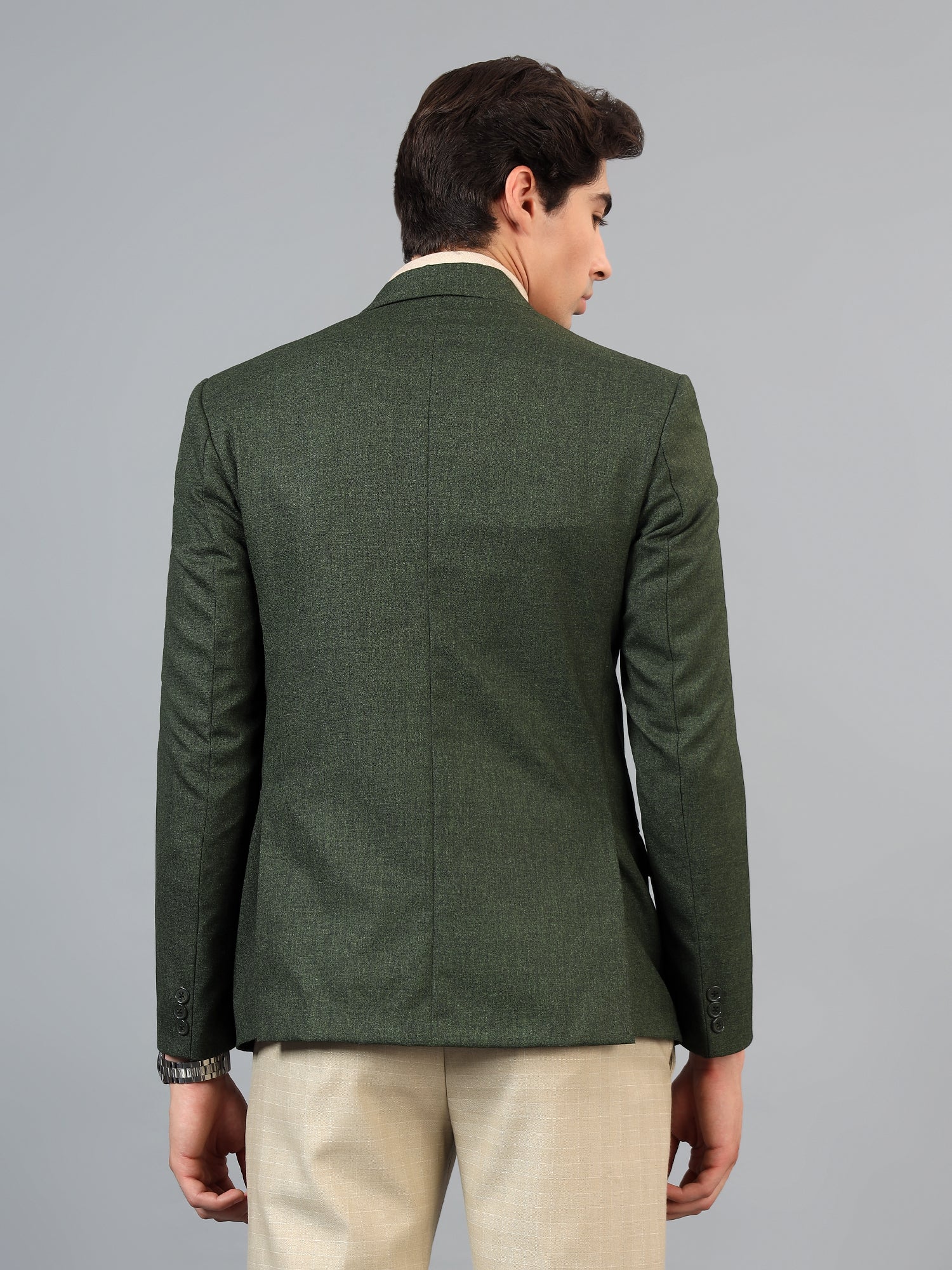 Men's Mehendi Green Grey Slim Fit Solid Single Breasted Formal Blazer