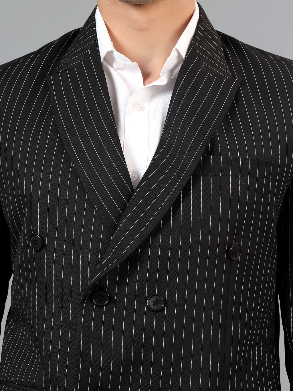 Men's Black Slim Fit Solid Double Breasted Striped Formal Blazer
