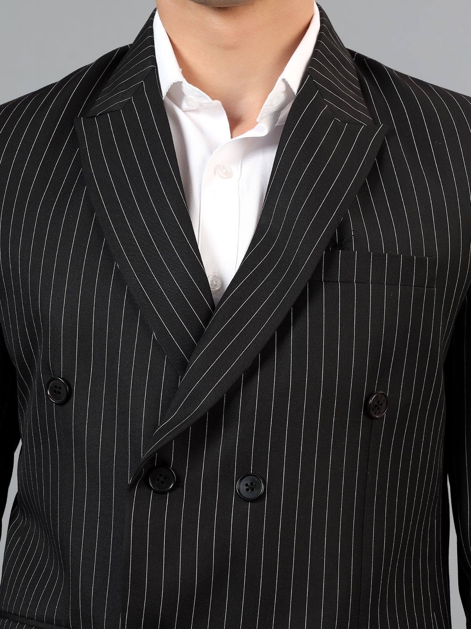 Men's Black Slim Fit Solid Double Breasted Striped Formal Blazer