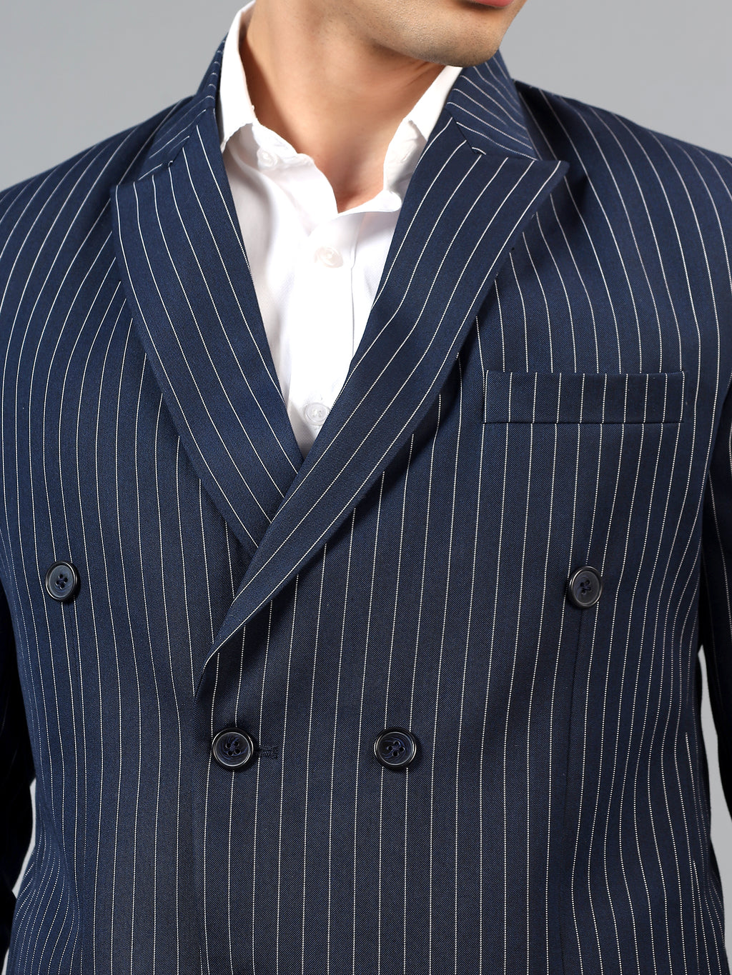 Men's Navy Blue Slim Fit Solid Double Breasted Striped Formal Blazer