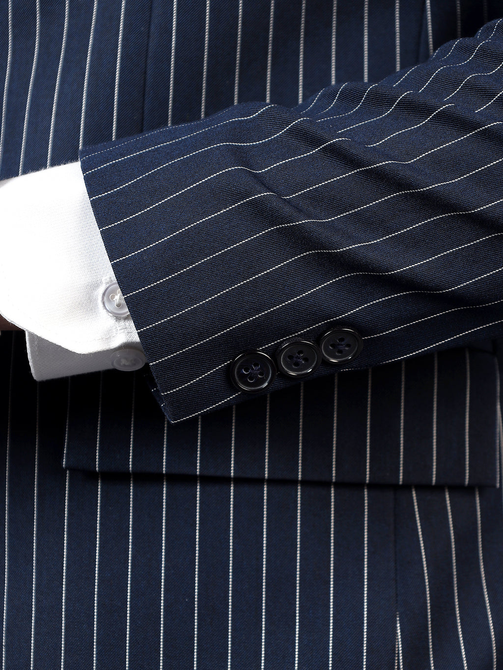 Men's Navy Blue Slim Fit Solid Double Breasted Striped Formal Blazer