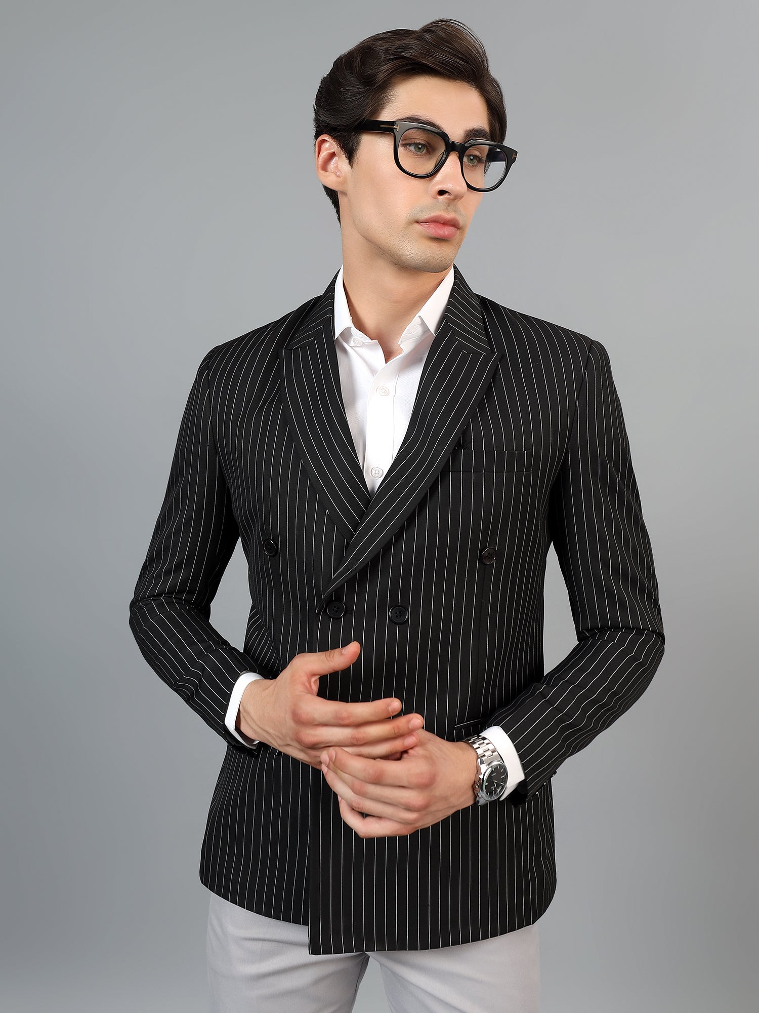 Men's Black Slim Fit Solid Double Breasted Striped Formal Blazer