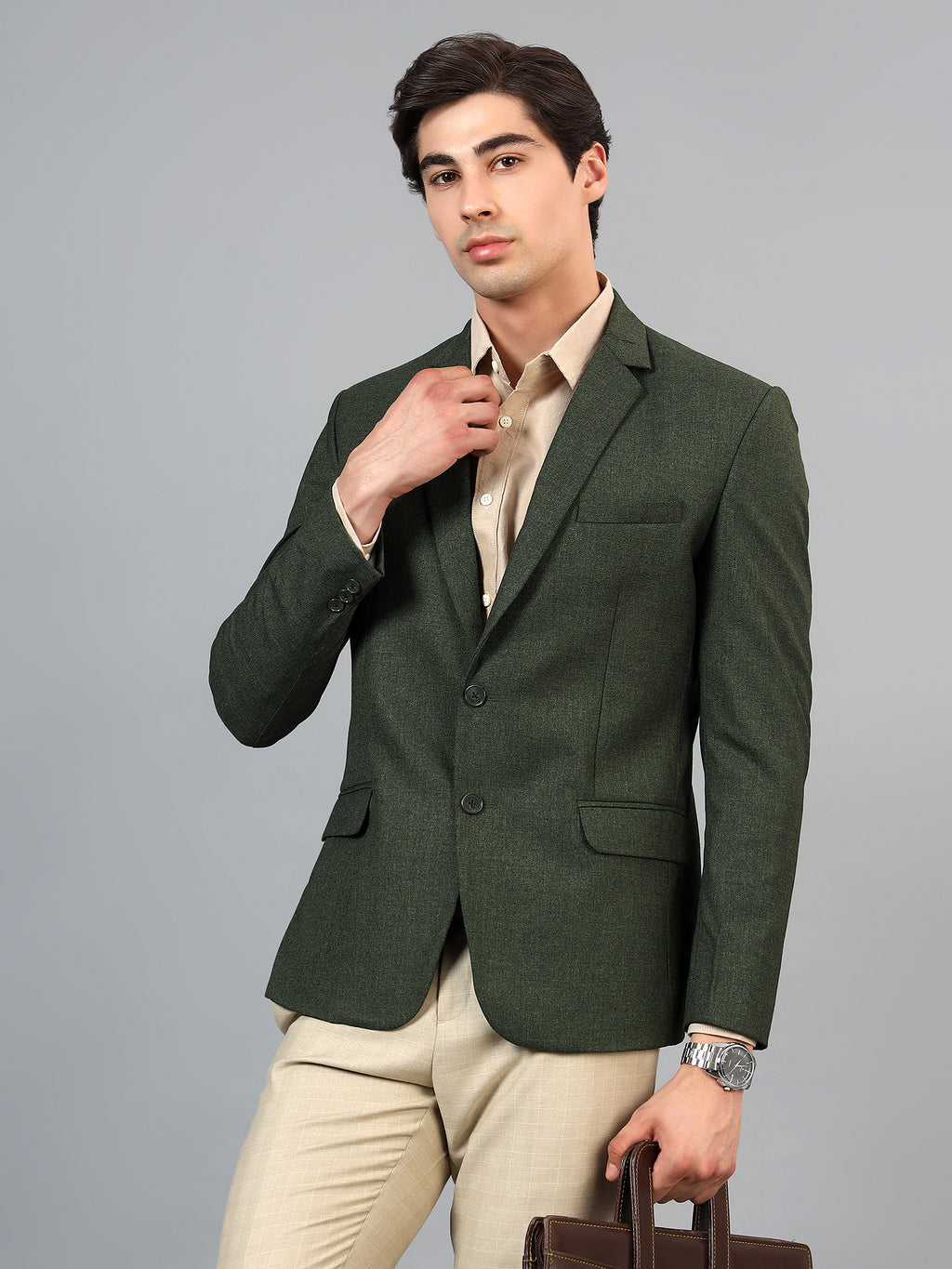 Men's Mehendi Green Grey Slim Fit Solid Single Breasted Formal Blazer
