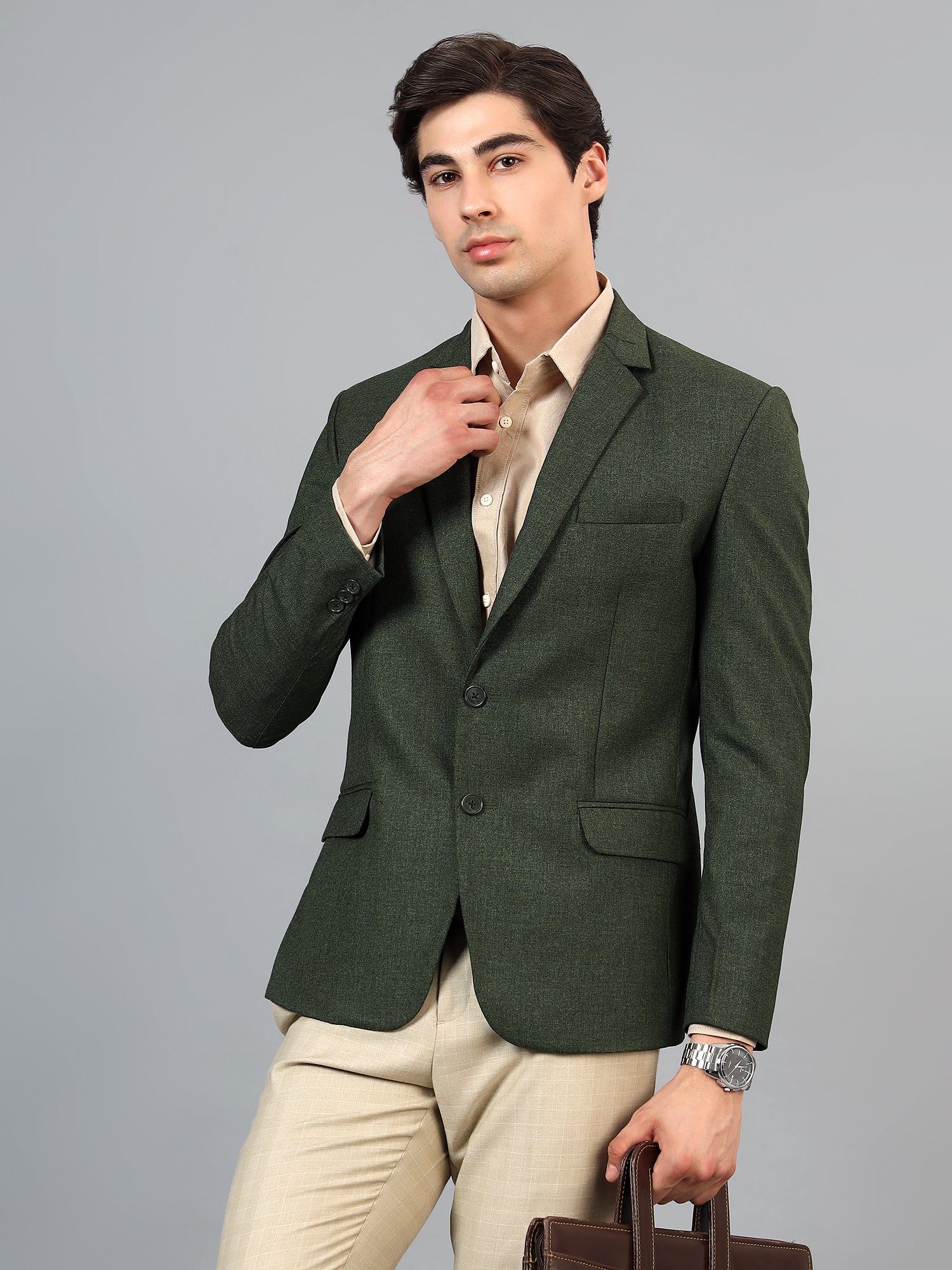 Men's Mehendi Green Grey Slim Fit Solid Single Breasted Formal Blazer