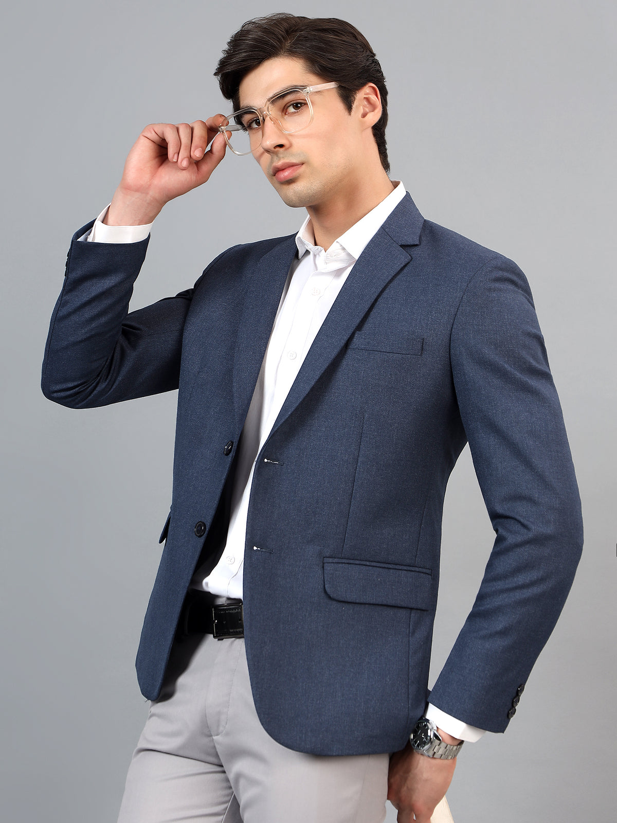 Men's Navy Blue Slim Fit Solid Single Breasted Formal Blazer