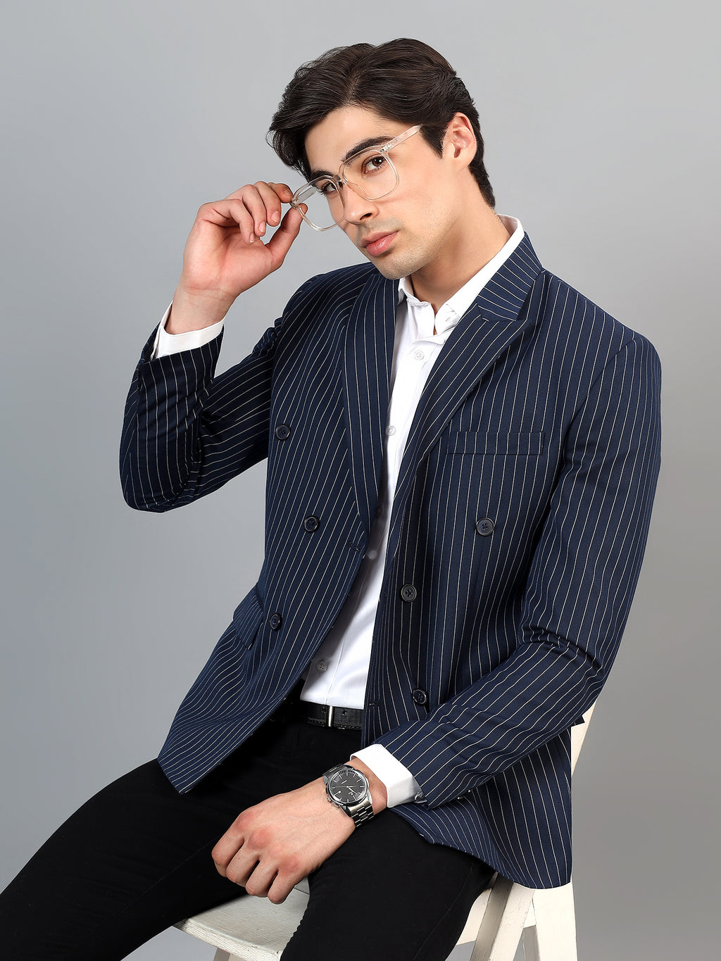 Men's Navy Blue Slim Fit Solid Double Breasted Striped Formal Blazer