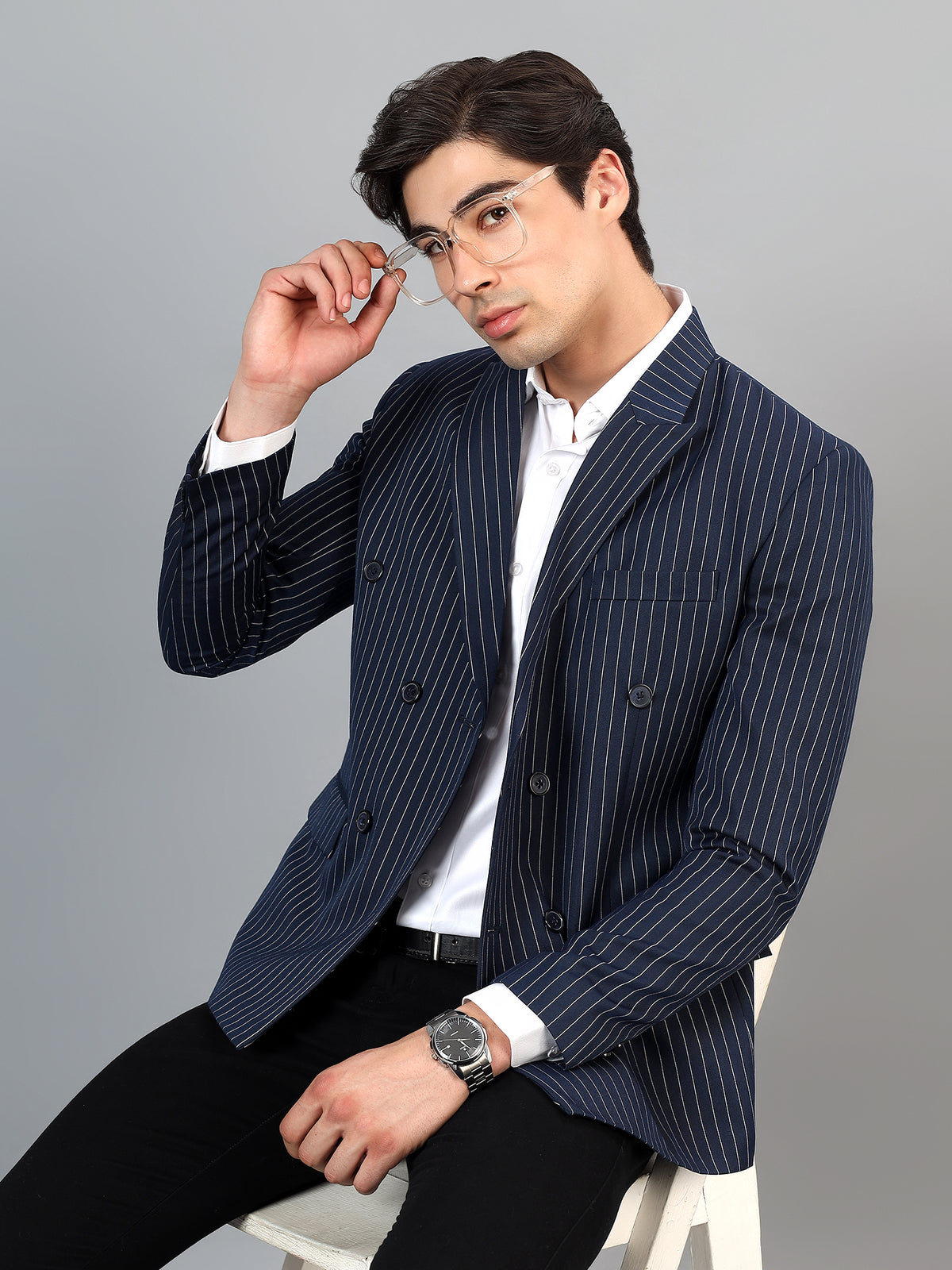 Men's Navy Blue Slim Fit Solid Double Breasted Striped Formal Blazer