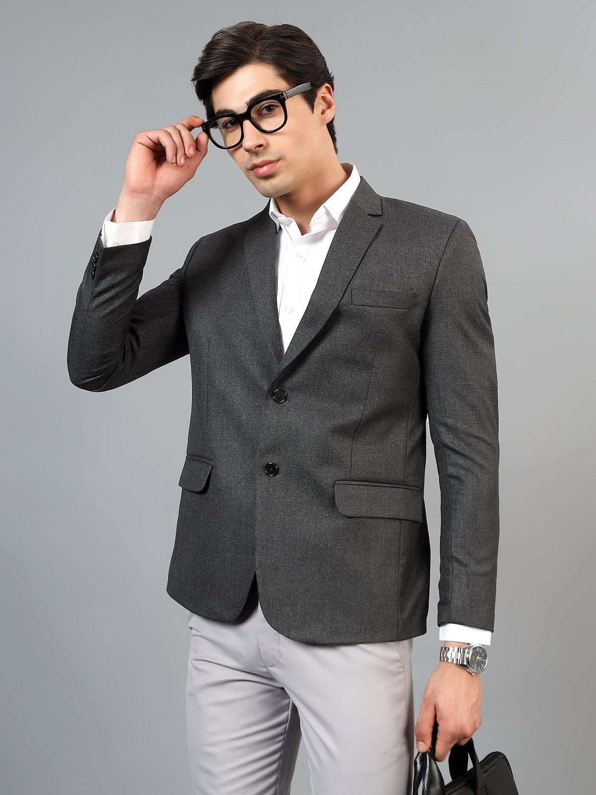 Men's Dark Grey Slim Fit Solid Single Breasted Formal Blazer
