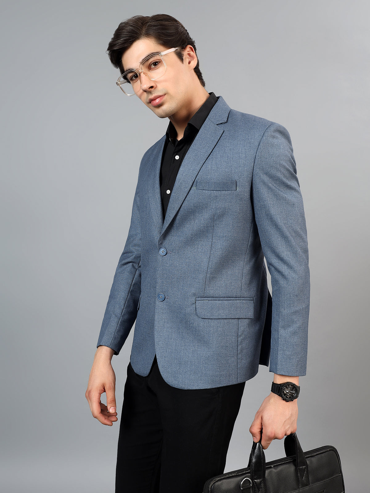 Men's Blue Slim Fit Solid Single Breasted Formal Blazer