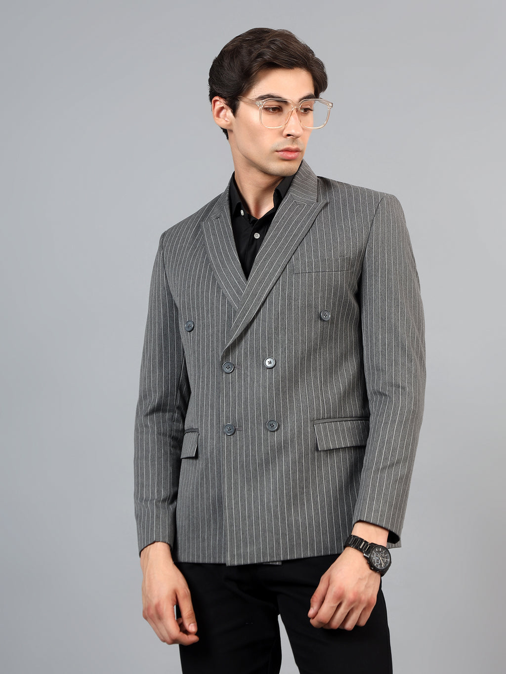 Men's Grey Slim Fit Solid Double Breasted Striped Formal Blazer