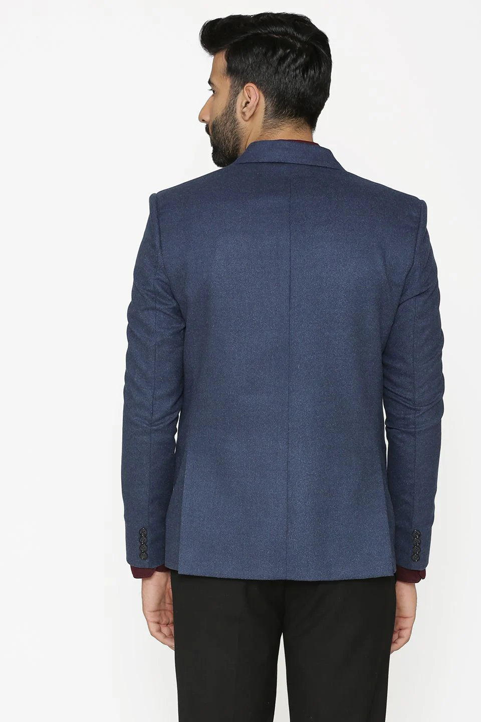 Blue Single Breasted Notched Lapel Wool Blazer