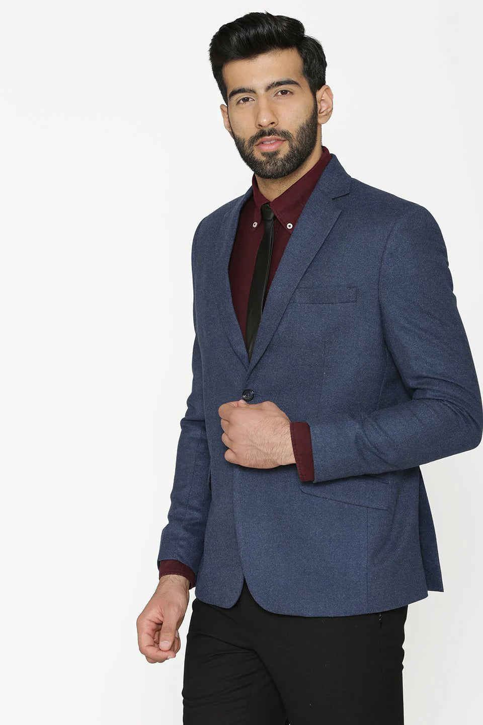 Blue Single Breasted Notched Lapel Wool Blazer