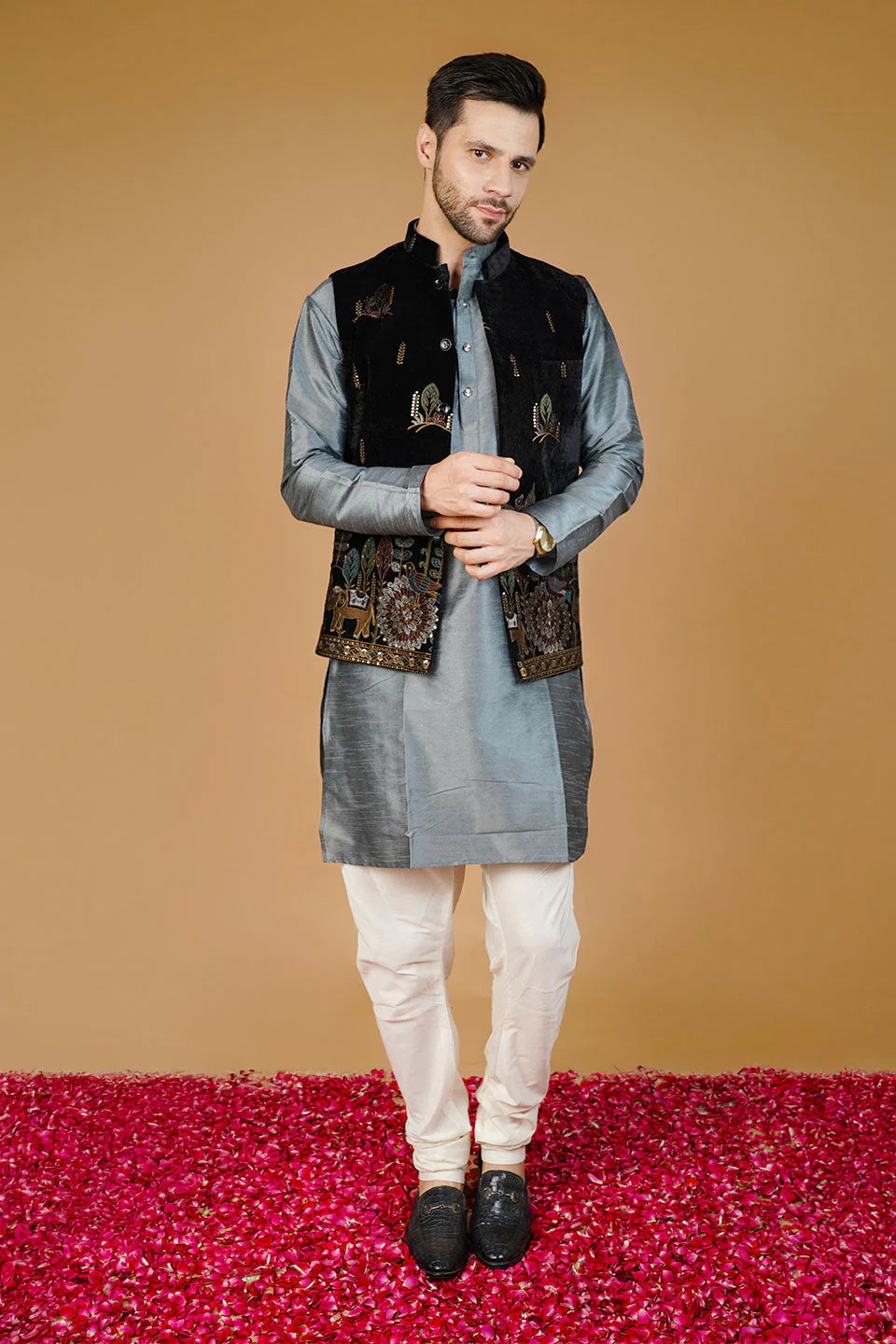 Black Embroided Nehru Jacket For Men