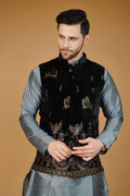 Black Embroided Nehru Jacket For Men