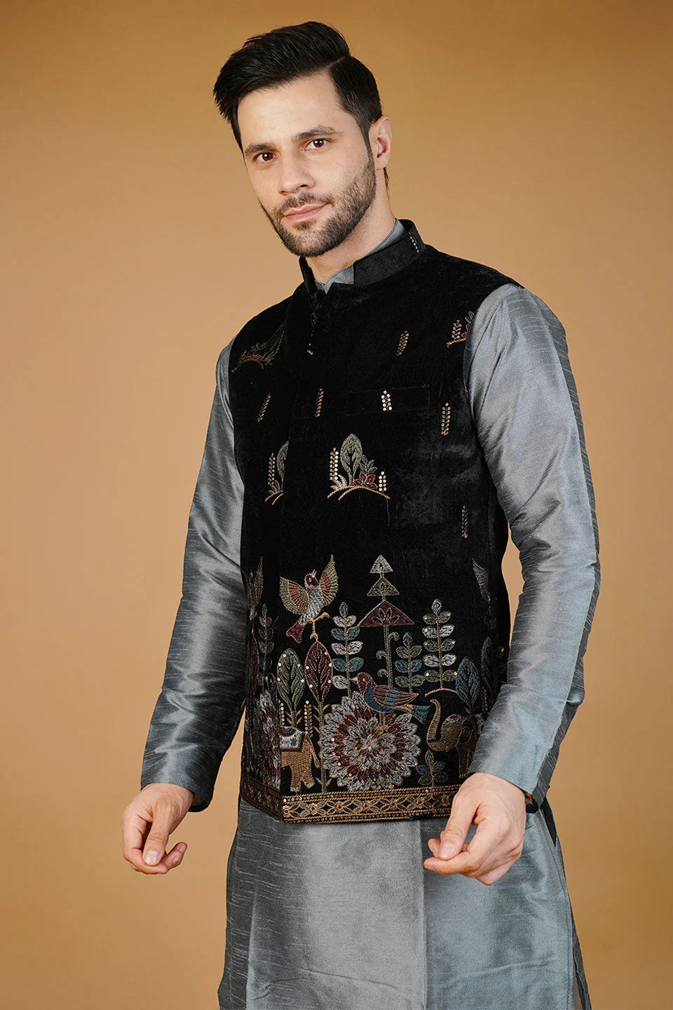 Black Embroided Nehru Jacket For Men