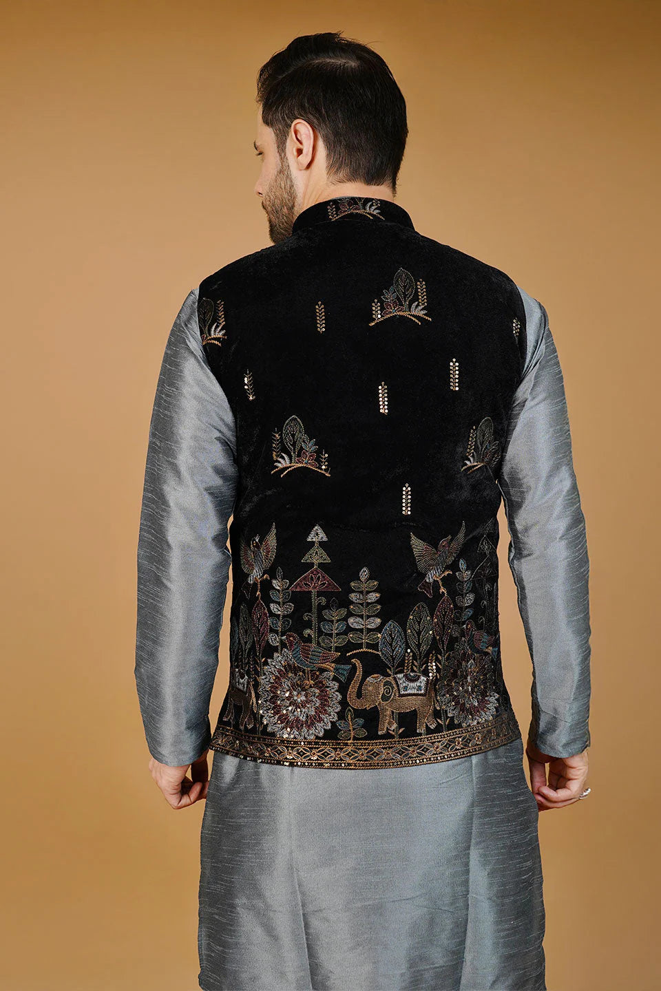 Black Embroided Nehru Jacket For Men