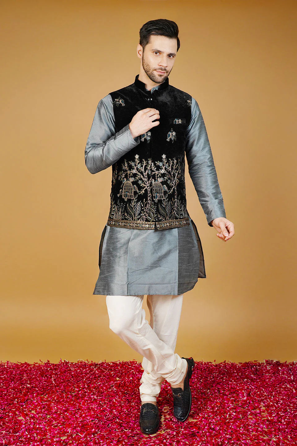 Black Embroided Nehru Jacket For Men
