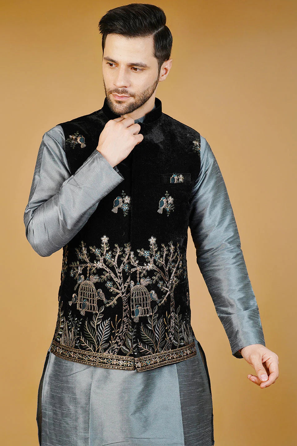 Black Embroided Nehru Jacket For Men