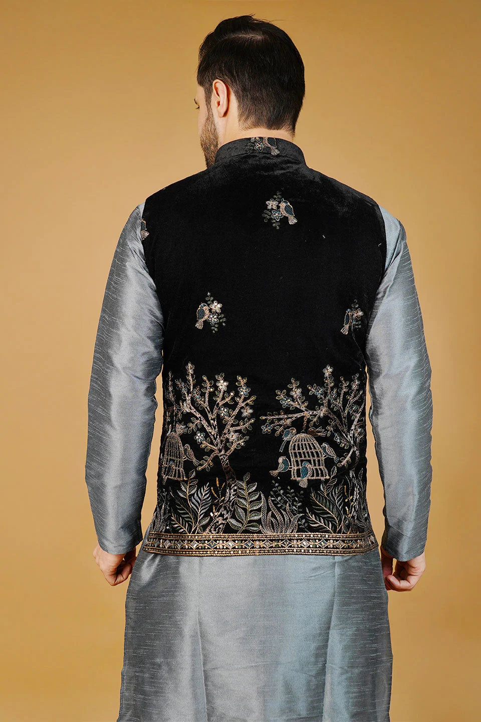 Black Embroided Nehru Jacket For Men