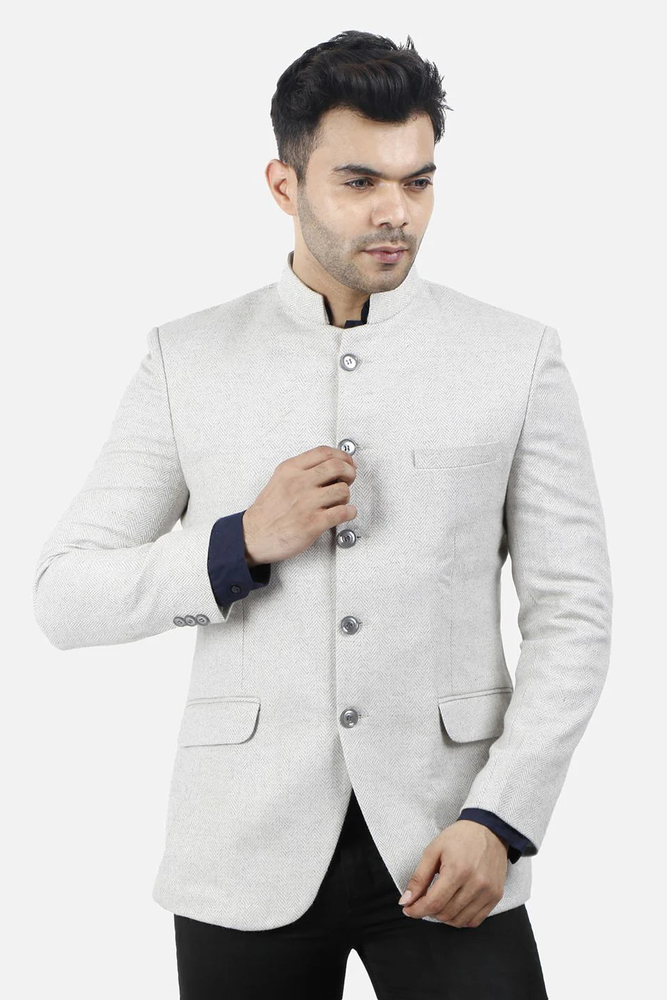 White Bandhgala Tweed 5 Button Blazer