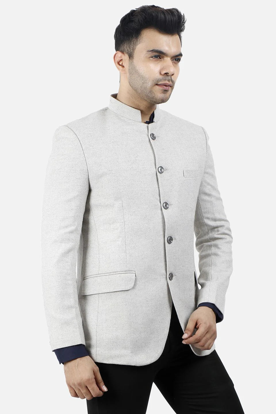 White Bandhgala Tweed 5 Button Blazer