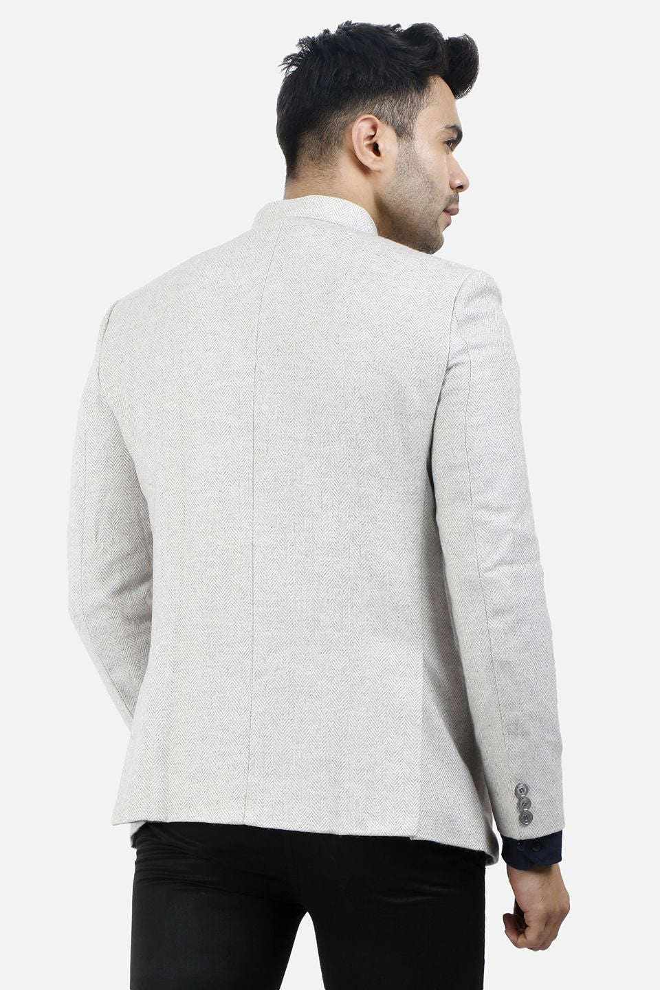 White Bandhgala Tweed 5 Button Blazer