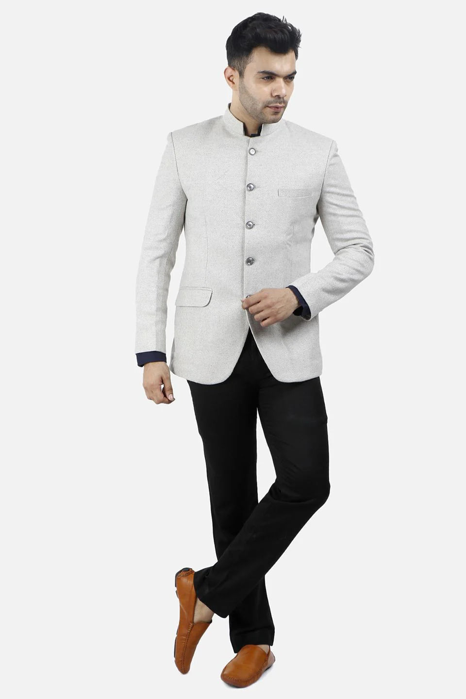 White Bandhgala Tweed 5 Button Blazer