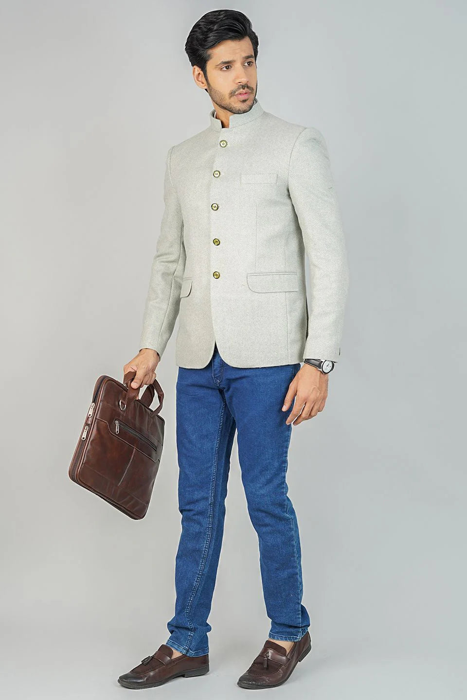 Green Bandhgala Tweed 5 Button Blazer