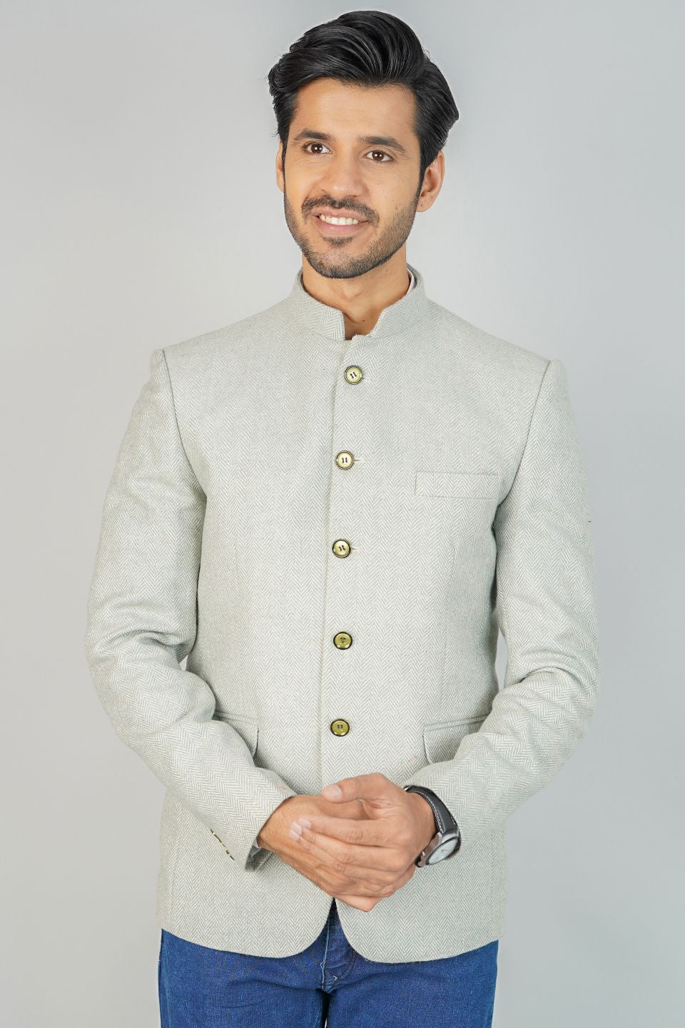 Green Bandhgala Tweed 5 Button Blazer