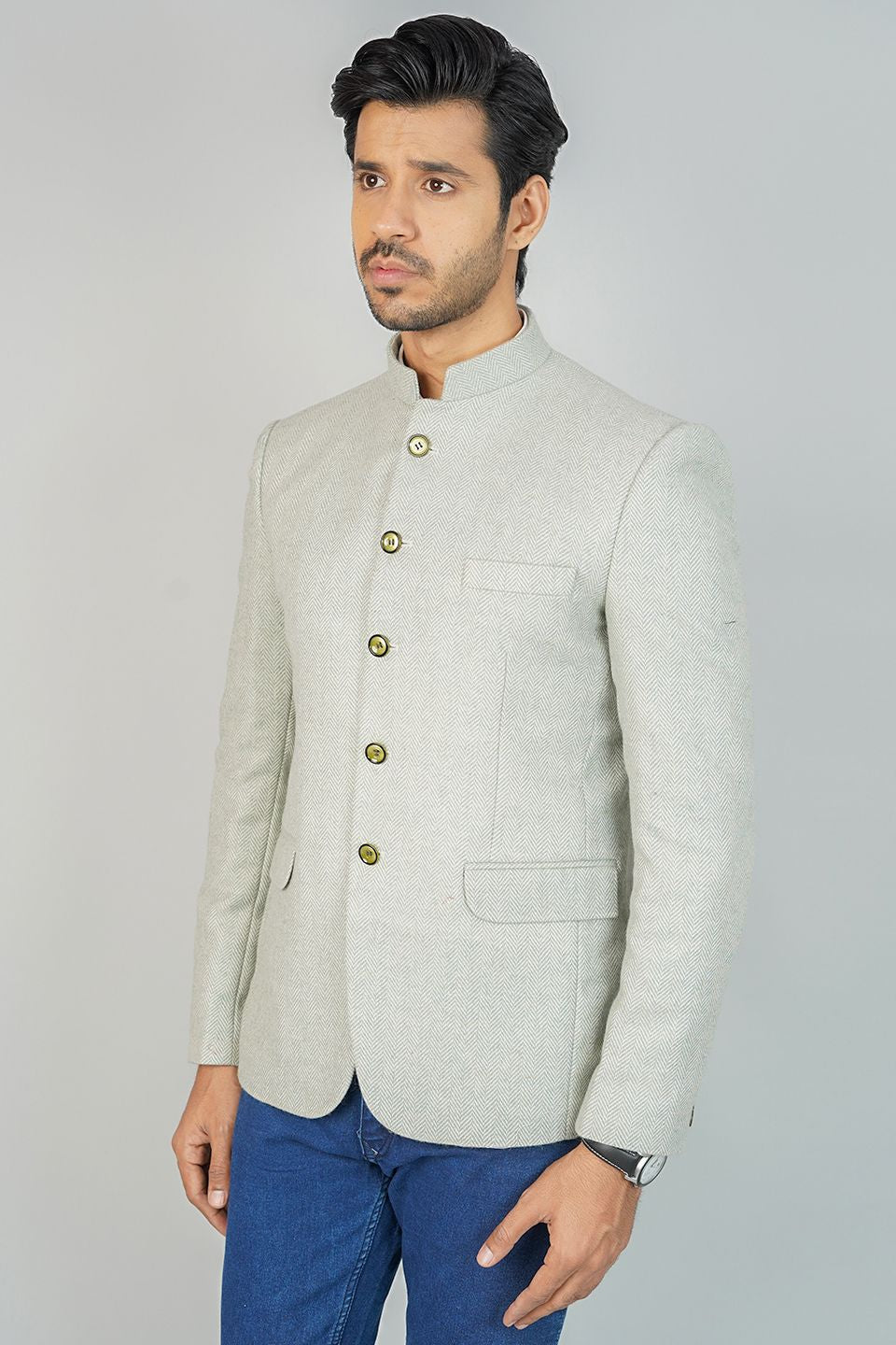 Green Bandhgala Tweed 5 Button Blazer
