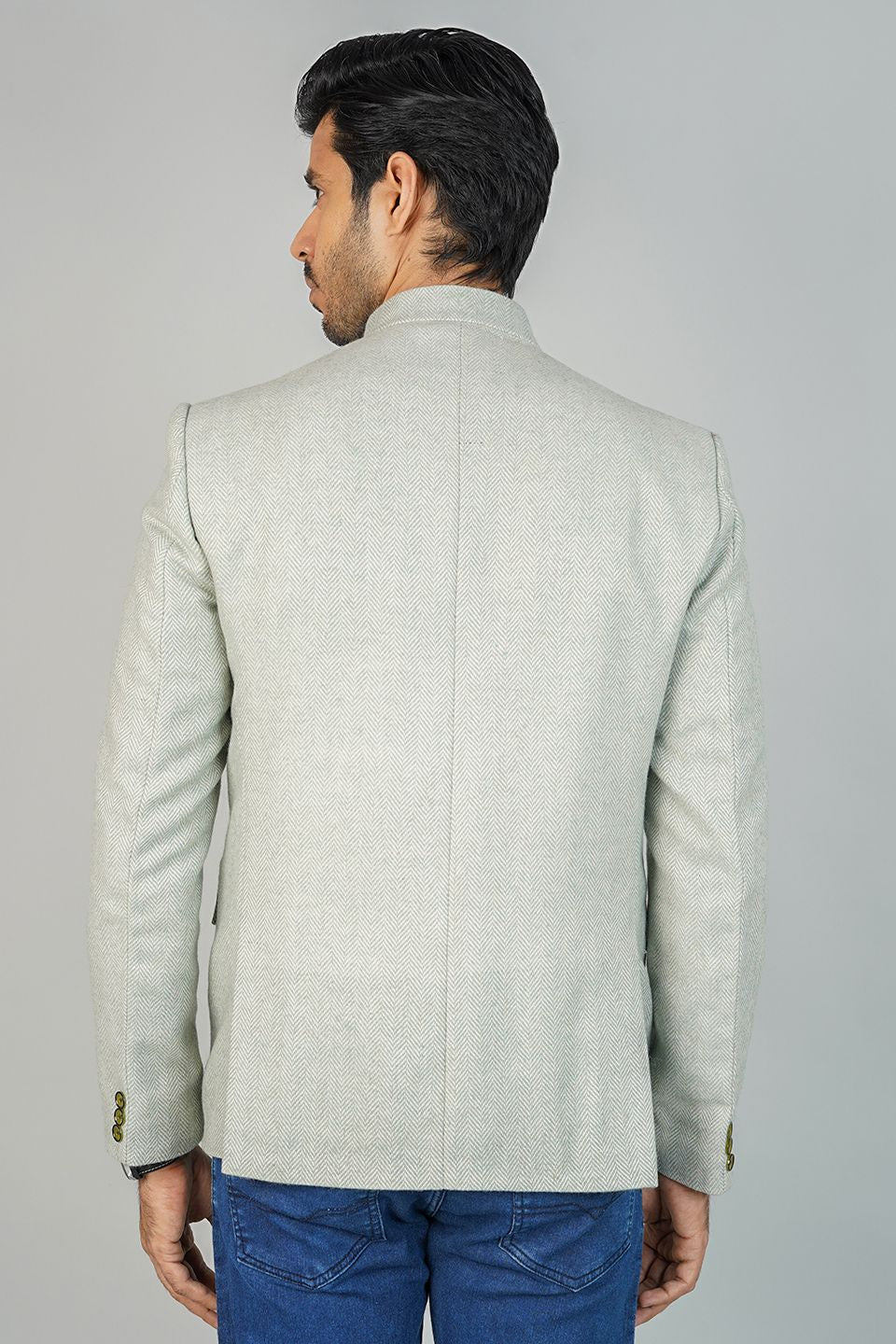 Green Bandhgala Tweed 5 Button Blazer
