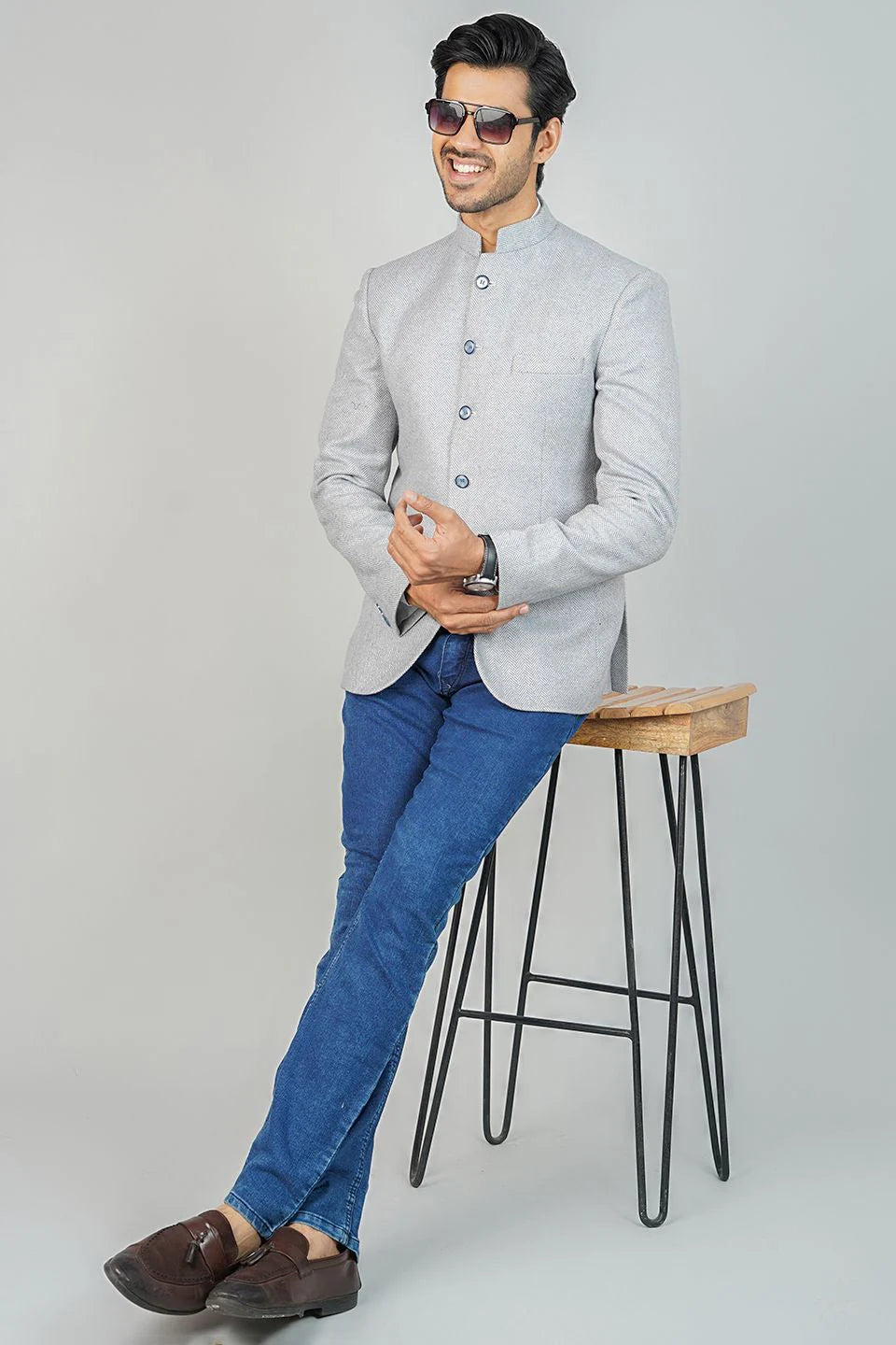 Sky Blue Bandhgala Tweed 5 Button Blazer