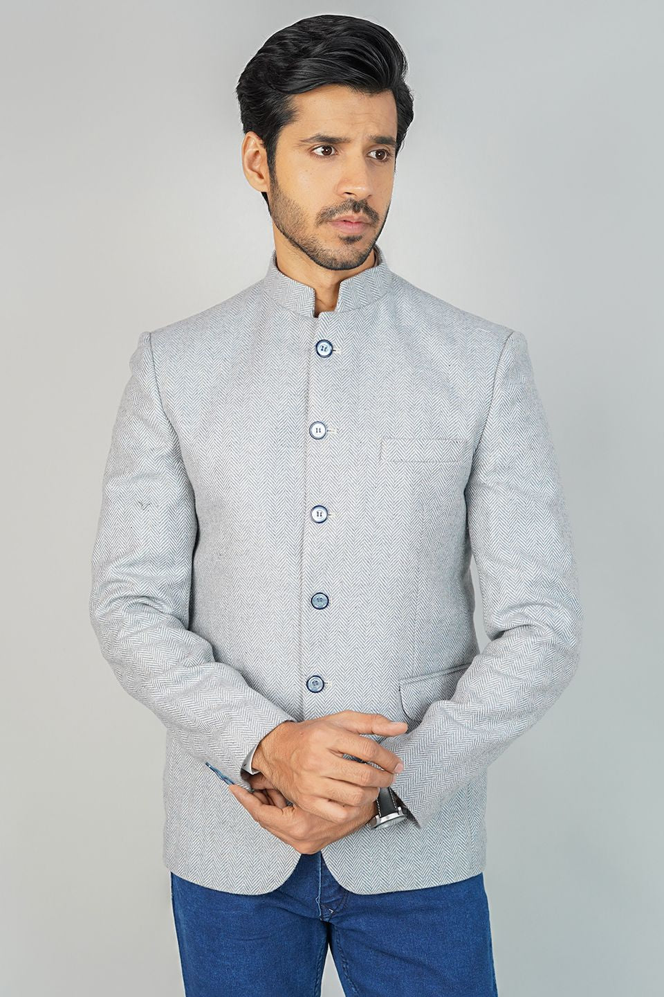 Sky Blue Bandhgala Tweed 5 Button Blazer
