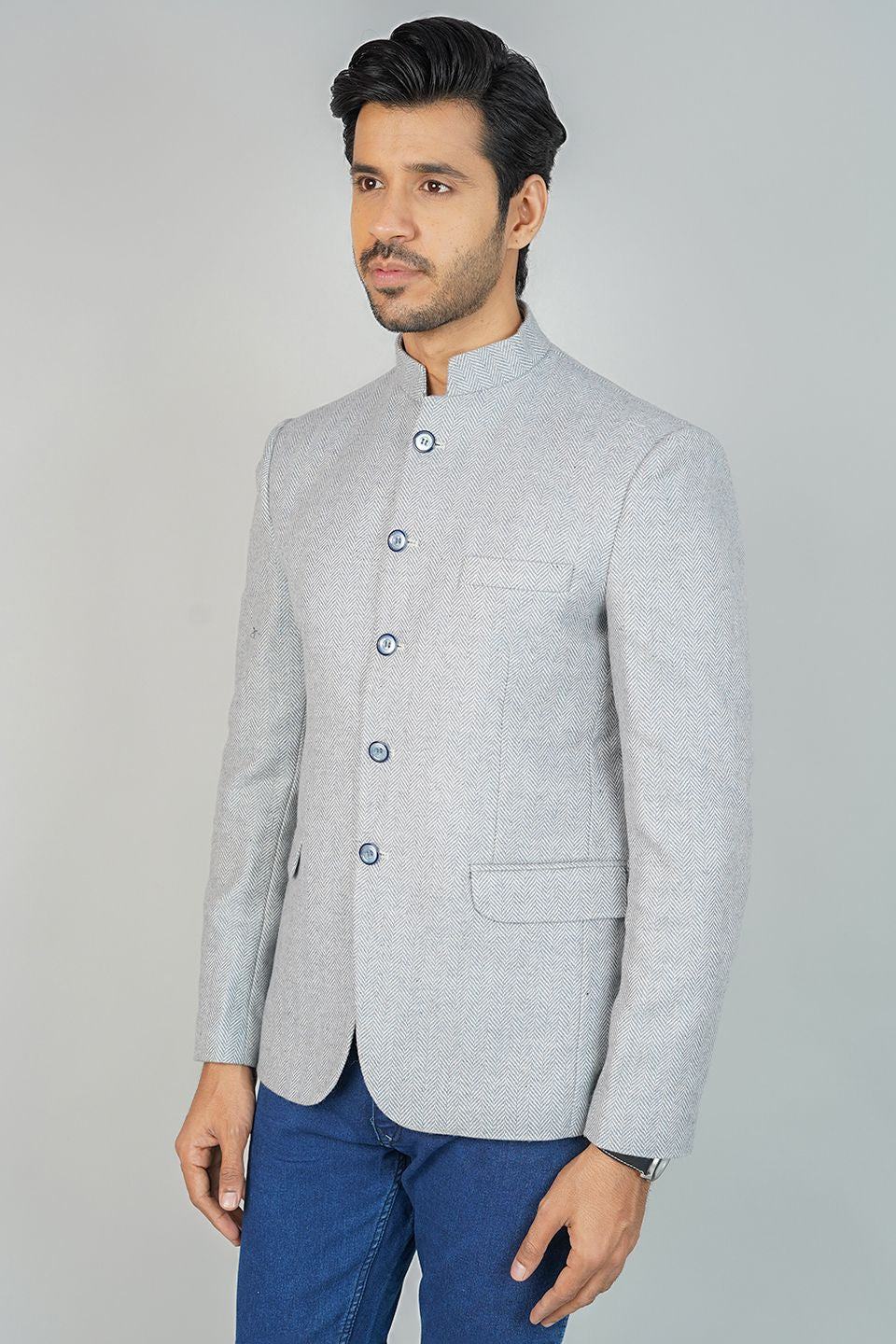Sky Blue Bandhgala Tweed 5 Button Blazer