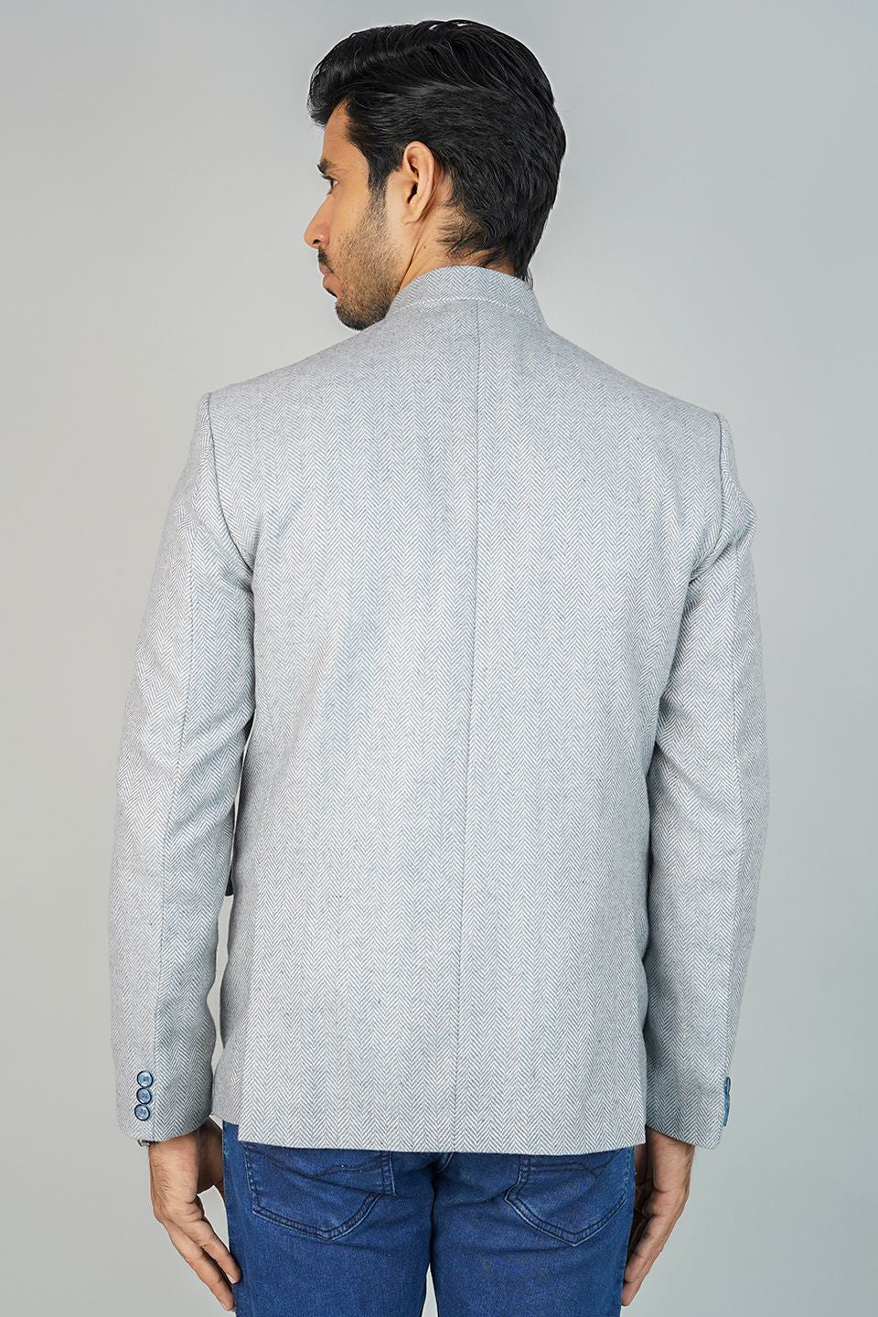 Sky Blue Bandhgala Tweed 5 Button Blazer