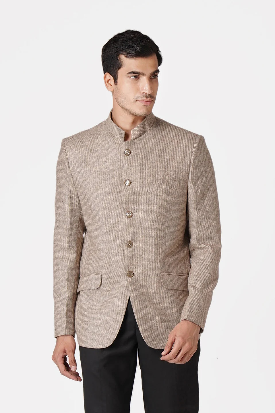 Beige Bandhgala Tweed 5 Button Blazer