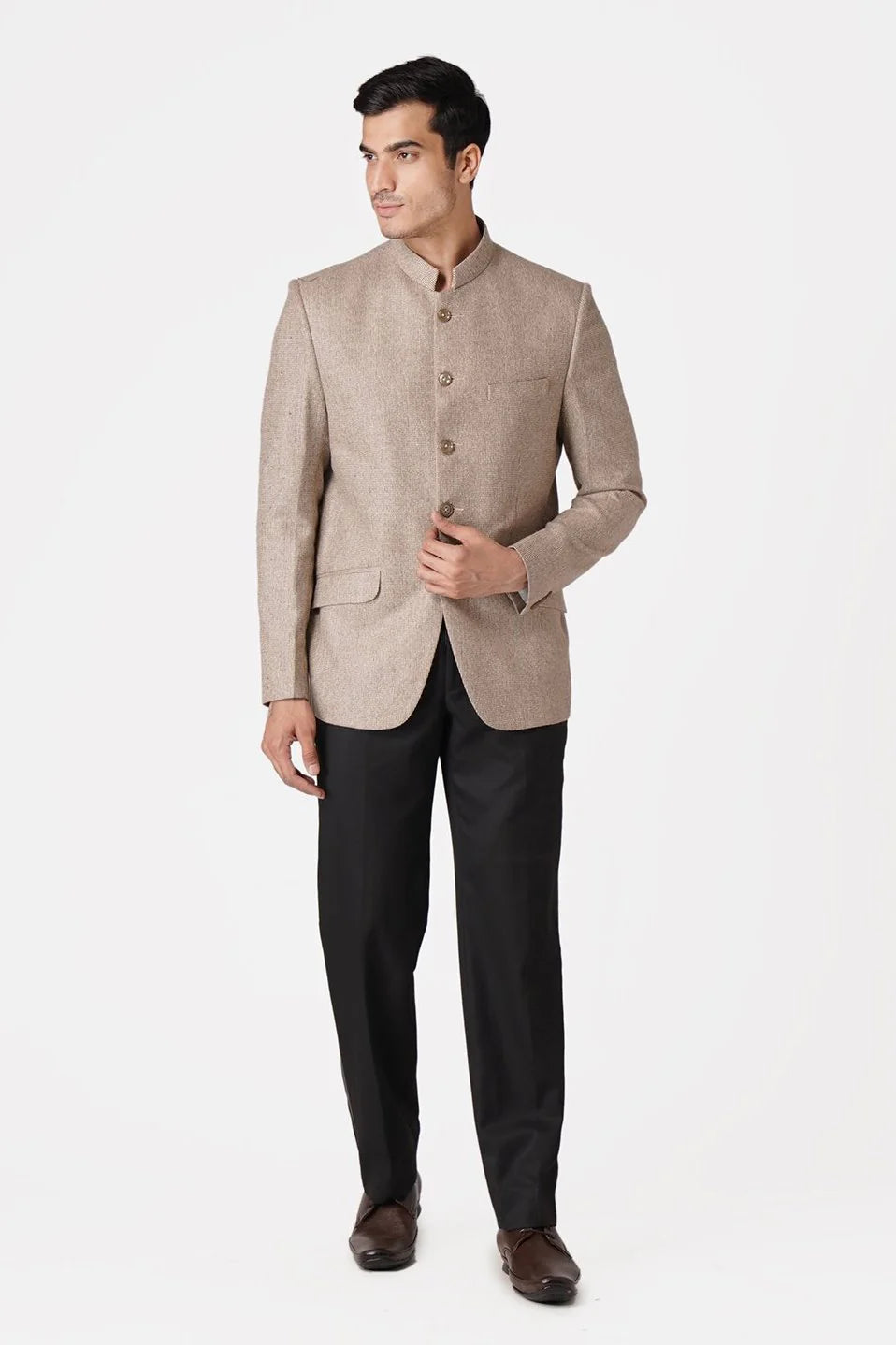 Beige Bandhgala Tweed 5 Button Blazer