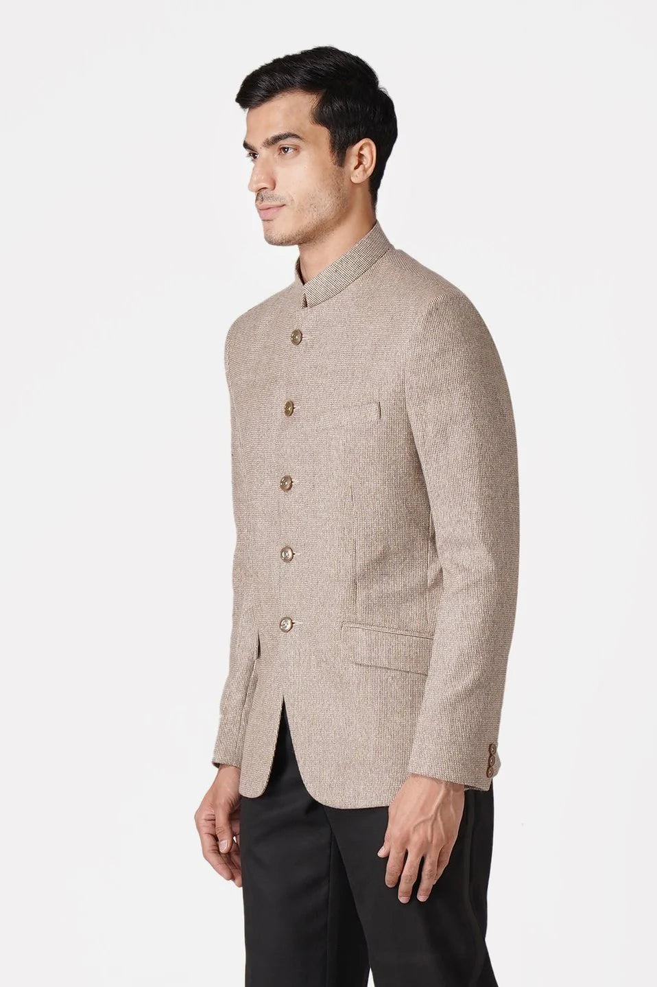 Beige Bandhgala Tweed 5 Button Blazer