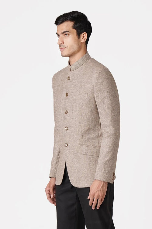 Beige Bandhgala Tweed 5 Button Blazer