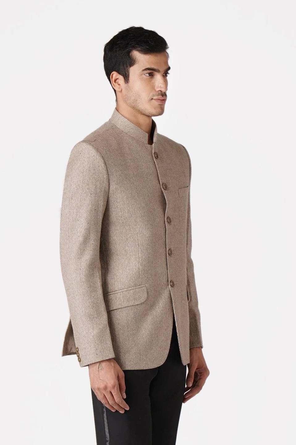 Beige Bandhgala Tweed 5 Button Blazer