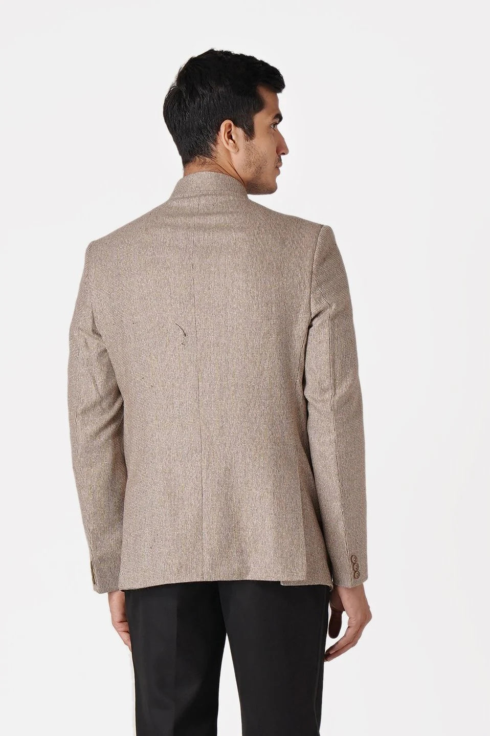 Beige Bandhgala Tweed 5 Button Blazer