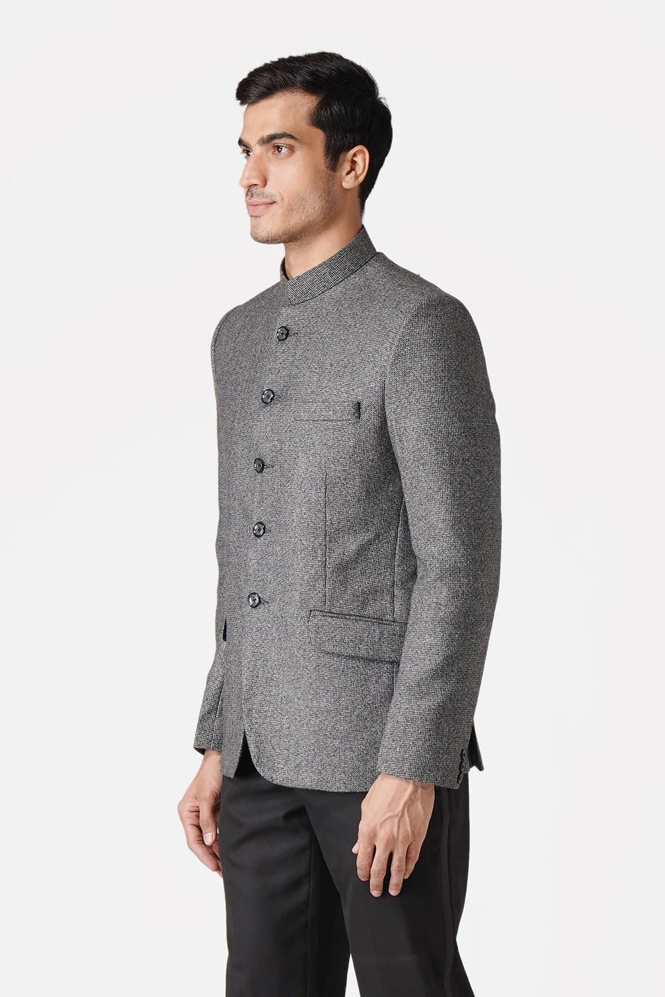 Grey Bandhgala Tweed 5 Button Blazer