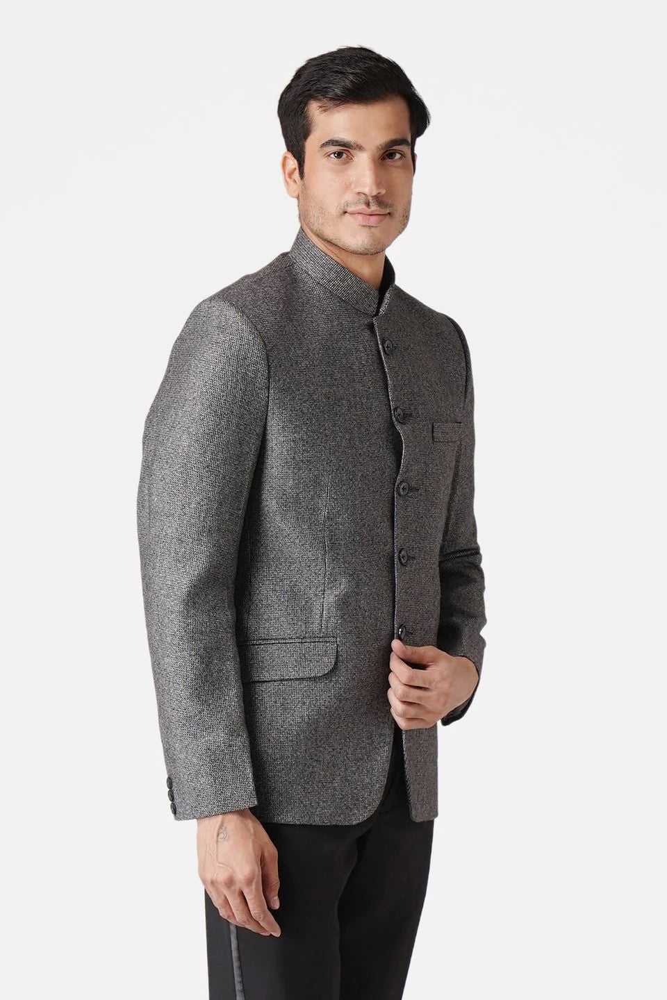 Grey Bandhgala Tweed 5 Button Blazer