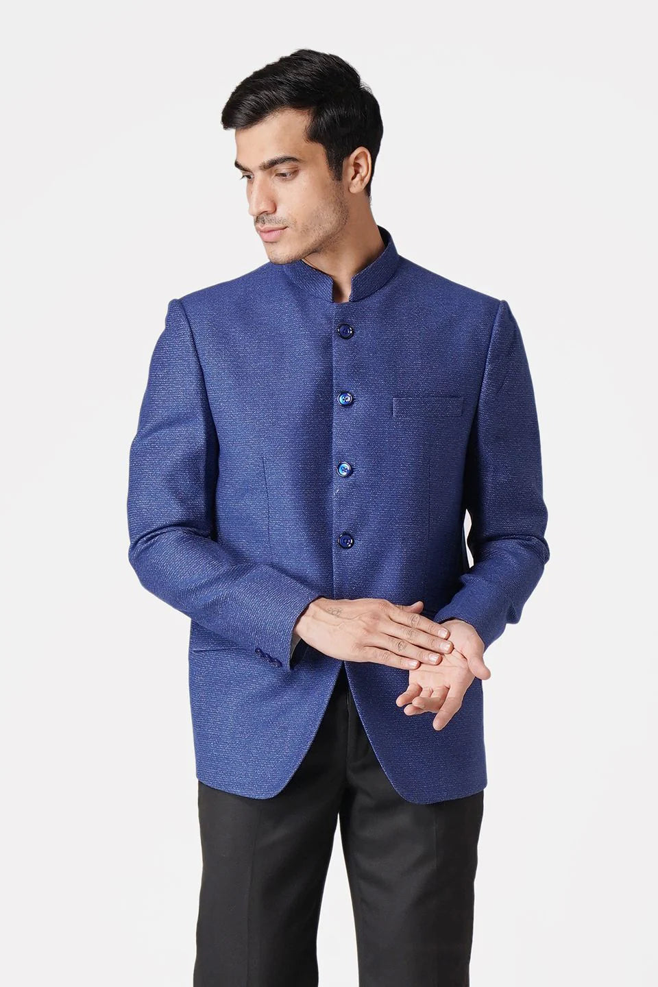 Blue Bandhgala Tweed 5 Button Blazer