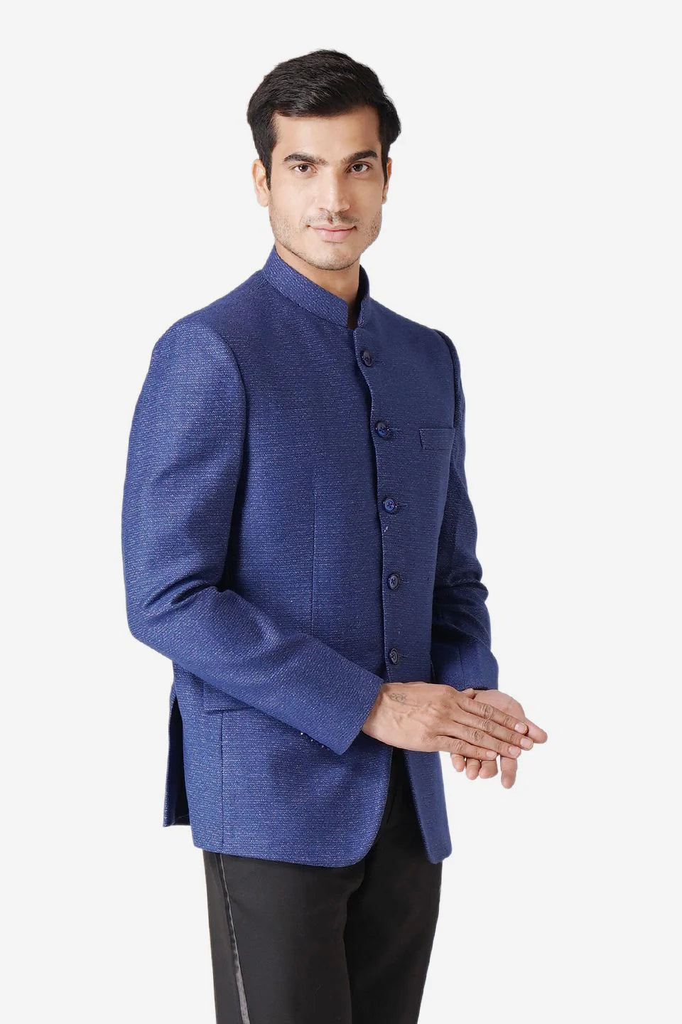 Blue Bandhgala Tweed 5 Button Blazer