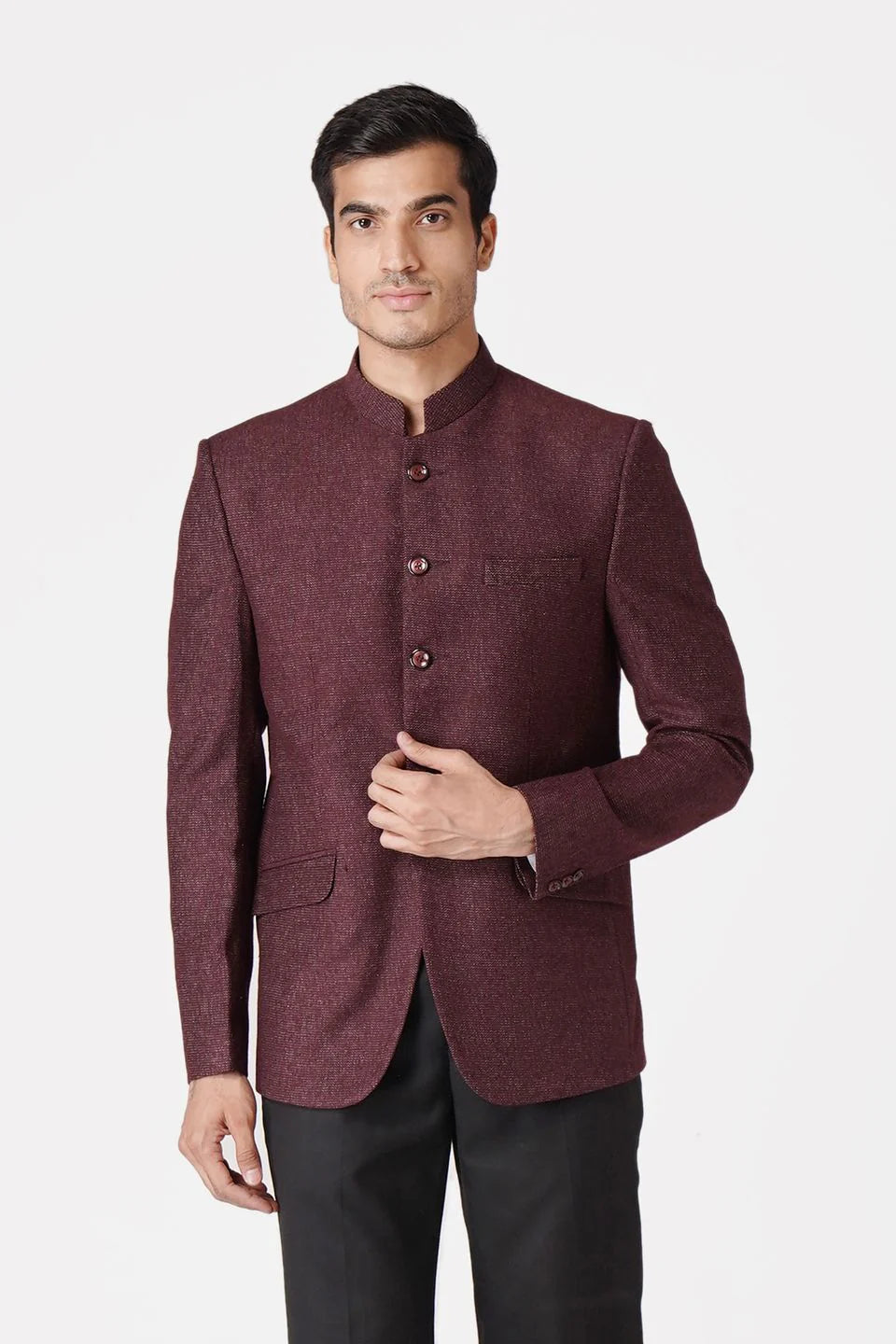Maroon Bandhgala Tweed 5 Button Blazer