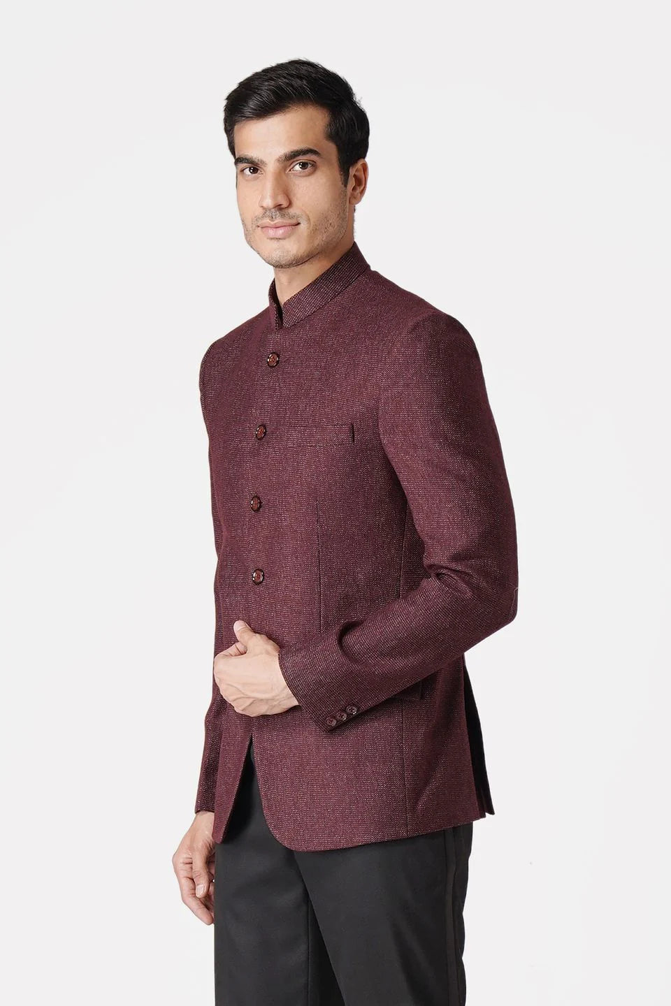 Maroon Bandhgala Tweed 5 Button Blazer